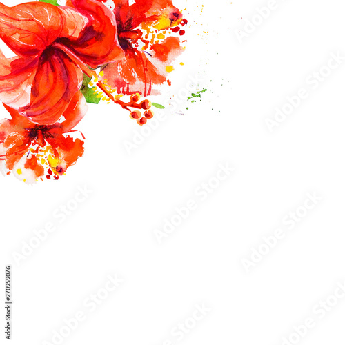 Red hibiscus flower corner frame. Watercolor painting. Exotic plant. Floral p...