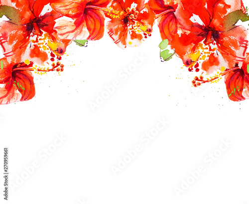 Red hibiscus flower frame. Watercolor painting. Exotic plant. Floral print. S...