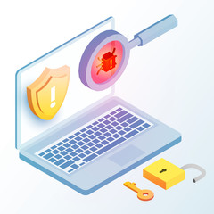 Wall Mural - Laptop with shield, key, padlock and virus bug under magnifying glass. Isometric 3d data protection or digital online security concept. Flat vector illustration.