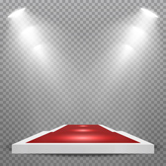 Sticker - Square podium, pedestal or platform with red carpet, illuminated by spotlights on transparent background. Stage with scenic lights. Vector illustration.