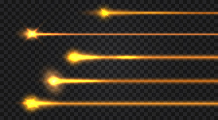 Set of realistic laser beams on transparent background. Vector illustration.