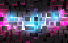 Glowing Black Blue And Pink Squares Background Pattern 3D Rendering