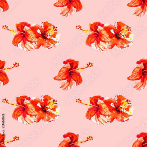 Seamless pattern from red hibiscus flowers. Watercolor painting. Exotic plant...