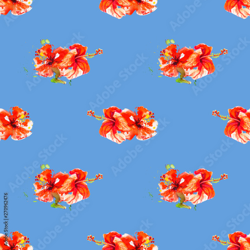 Seamless pattern from red hibiscus flowers. Watercolor painting. Exotic plant...