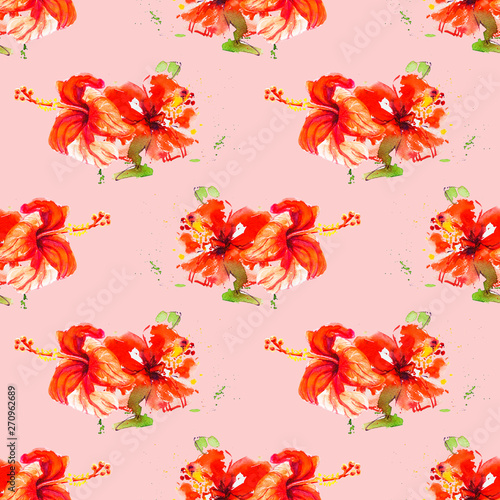 Seamless pattern from red hibiscus flowers. Watercolor painting. Exotic plant...