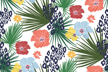  Floral design seamless background pattern . Palm leaves, hibiscus flowers. Vector illustration hand drawn.