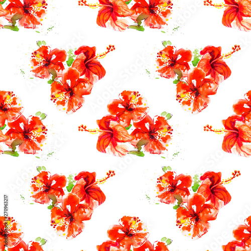 Seamless pattern from red hibiscus flowers. Watercolor painting. Exotic plant...
