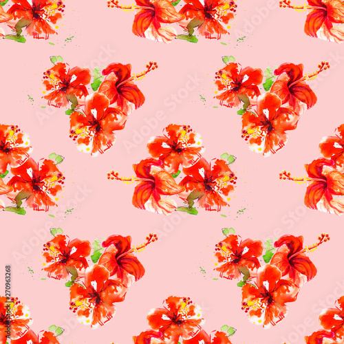 Seamless pattern from red hibiscus flowers. Watercolor painting. Exotic plant...