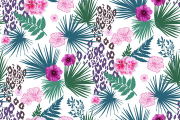 Floral design seamless background pattern . Palm leaves, mix flowers. Vector illustration hand drawn.