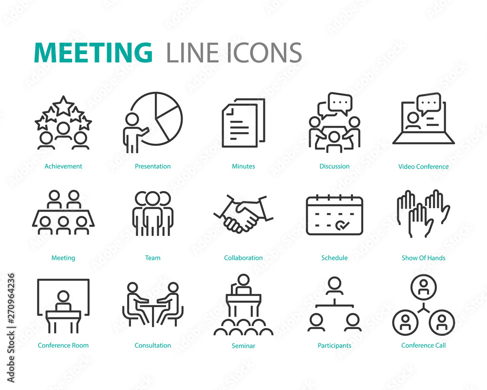 set of meeting icons, such as seminar, classroom, team, conference, work, classroom - obrazy, fototapety, plakaty 