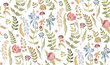 Floral seamless background pattern with mix wild flowers and leaves Line art. Embroidery flowers. Vector illustration.