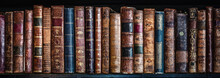 Old Books On Wooden Shelf. Tiled Bookshelf Background.  Concept On The Theme Of History, Nostalgia, Old Age. Retro Style.