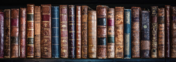 Old books on wooden shelf. Tiled Bookshelf background.  Concept on the theme of history, nostalgia, old age. Retro style.