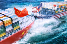 United States And China Import Export  Trade War Concept. Cargo Containers Ships Collision As USA Vs China Business Finance Economic Trade Tension Conflict And America China Trade Deficit Symbol. 3D