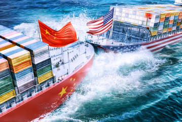 United States and China import export  trade war concept. Cargo containers ships collision as USA vs China business finance economic trade tension conflict and America China trade deficit symbol. 3D