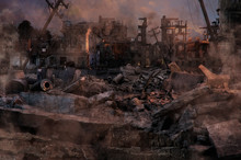 Ruined Abandoned City After War Battle Attack. Buildings On The Street Destroyed By War, Battlefield. Apocalypse, Environment Ecology, Pollution, Peace And World War Concept. 3D