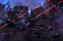Ruined Abandoned City After War Battle Attack. Buildings On The Street Destroyed By War, Battlefield With Red Laser Beams. Apocalypse, Environment Ecology, Pollution, Peace And World War Concept. 3D