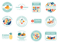 Fresh Fruits And Vegetables Badges. Organic Food, Natural Products And Summer Fruit. Vegetable Badge Vector Illustration Set