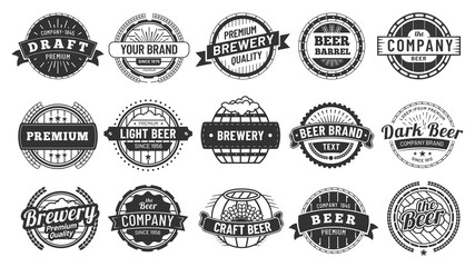 Wall Mural - Brewery badge. Draft beer barrel emblem, retro circle badges and quality emblems vintage hipster logo stamps vector set