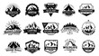 Outdoors nature badges. Adventure emblem, vintage wilderness label and outdooring camping badge vector illustration set