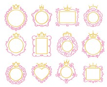 Princess Frame. Cute Crown Border, Royal Mirror Frames And Majestic Prince Doodle Borders Isolated Vector Set