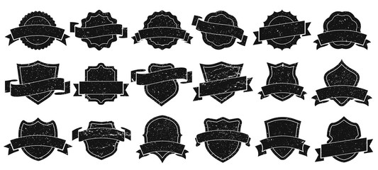 Wall Mural - Vintage badge frames. Grunge badges, retro logo emblem frame and old label emblem silhouette isolated vector illustration set