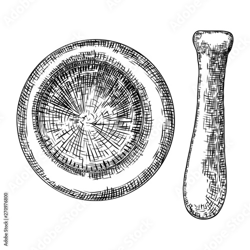 Mortar And Pestle Vintage Engraving Hand Drawing Isolated On