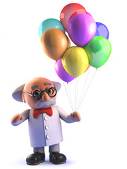 Wall Mural - Crazy mad scientist professor in 3d holding some colorful balloons