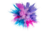 Fototapeta Tęcza - Colored powder explosion on a white background. Abstract closeup dust on backdrop. Colorful explode. Paint holi