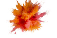 Colored Powder Explosion On A White Background. Abstract Closeup Dust On Backdrop. Colorful Explode. Paint Holi