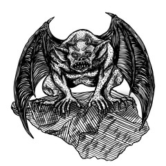 Wall Mural - Mythological ancient gargoyle creatures human and dragon like chimera with bat wings and horns. Mythical gargouille with sharp fangs and claws seating on the stone. Engraved hand drawn sketch. Vector.