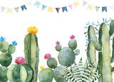 Party invitation with green watercolor cactus,succulents,flowers and multicolored garlands.Birthday card.Perfect for your project,wedding,print,baby shower,bridal,template,invite and more.