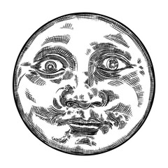 Wall Mural - hand drawn sketch of moon human like face or anthropomorphic planet in black and white, isolated on 