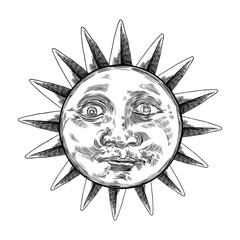 Sticker - Sunrise engraving illustration. Vintage engraved sun with face of the human like. Anthropomorphic flash tattoo or print design. Vector