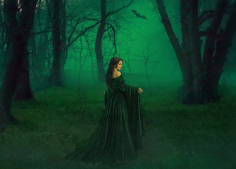 Wall Mural - dark queen of otherworldly forces leads into realm of dead souls. bloody vampire in long velor emerald dress lures into her lair, lost pretty princess with dark hair lost her way and follows bat