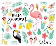 Set Of Cute Summer Icons. Hand Drawn Vector Illustration.  Flamingo, Toucan, Tropical Palm Leaves, Fruits, Food, Drinks. Summertime Poster, Scrapbooking Elements. 