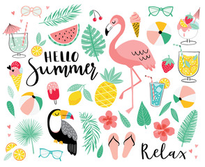 set of cute summer icons. hand drawn vector illustration. flamingo, toucan, tropical palm leaves, fr