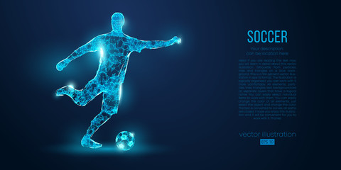 Wall Mural - Abstract soccer player, footballer from particles on blue background. All elements on a separate layers, color can be changed to any other. Low poly neon wire outline geometric football player. Vector