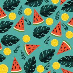 Wall Mural - watermelon with lemon and exotic leaves plants