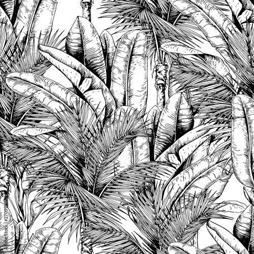 Materiał do szycia Seamless pattern with tropical palm and banana leaves. Black and white. Hand drawn vector illustration.