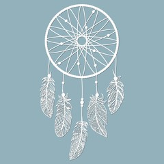 Wall Mural - Dream catcher with feathers, laser cut, ritual thing. American boho spirit. Hand drawn sketch vector illustration for tattoos or t-shirt print. Template for laser, plotter cutting.