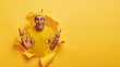 © WHstudio Leushin N - Hopeful excited man makes wish, crosses fingers, smiles joyfully, believes in good luck, stands at torn hole, wears yellow t shirt in one tone with background. Monochrome. Fullfilling dream.