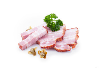 Wall Mural - Bacon chop pieces meat delicacy. Grease lard isolated