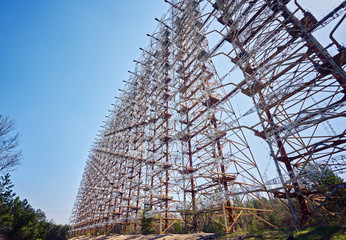 Large antenna field. Soviet radar system Duga at Chernobyl nuclear power plant. ABM missile defense. Antenna field, over-the-horizon radar.