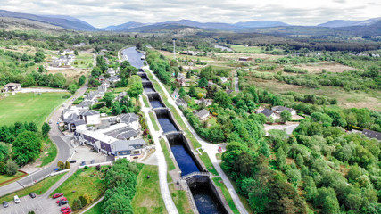 Neptune staircase locks, aerial view by drone at the Caledonian Canal, Banavie, Scotland, UK