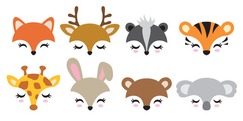 Fototapete - Vector illustration set of cute animal faces including fox, deer, skunk, tiger, giraffe, rabbit, bear and koala.