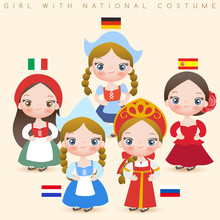 Girls In National Costumes : In National Costumes : Italy, Germany, Spain, Holland And Russia : Vector Illustration