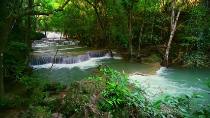 Wall Mural - Locked down, Waterfall flow standing with forest enviroment high angle view in thailand called Huay or Huai mae khamin in Kanchanaburi province, Thailand., Lockdown.
