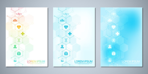 Template brochure or cover with medical icons and symbols. Healthcare, science and innovation technology concept.