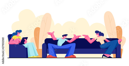 Friends Sitting On Couch Communicating Relaxing With Gadget At